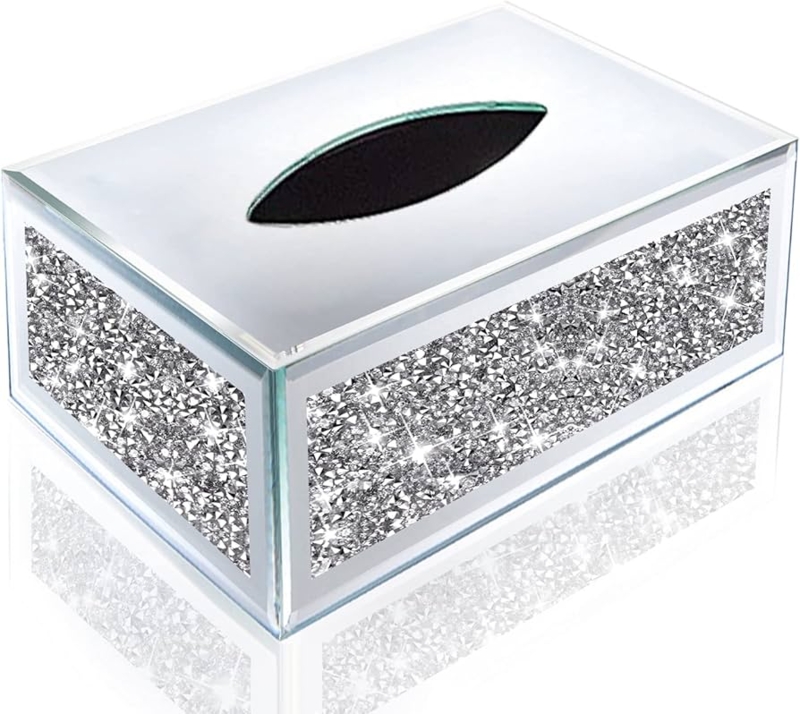 Rectangular Mirrored Tissue Box with Crushed Diamond Panels
