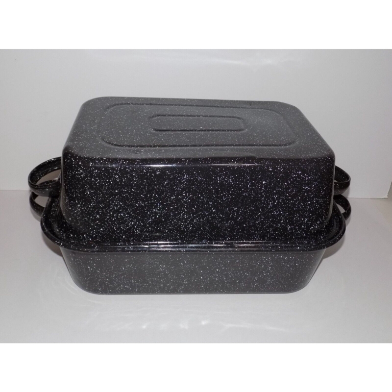 Rectangular Roasting Pan Recessed Top Handle Speckled Enamel
