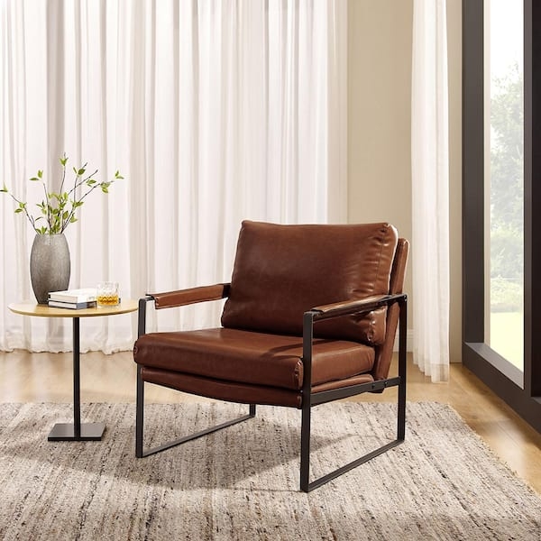 Red Brown Faux Leather Chair on Metal Sled Base