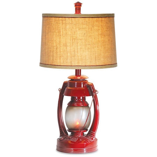 Red Lantern Table Lamp Glossy Base Burlap-Style Drum Shade