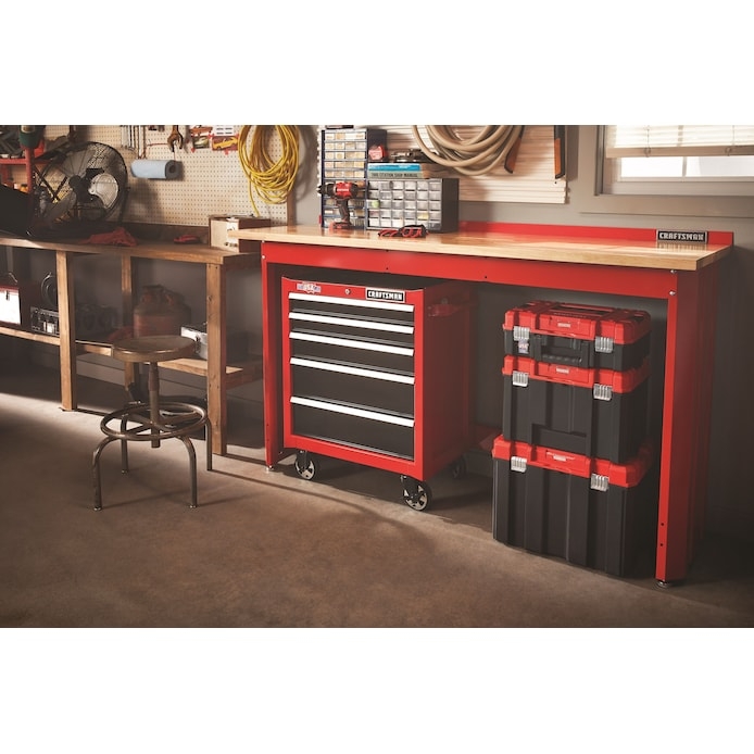 Red Metal Garage Storage System with Butcher Block Surface