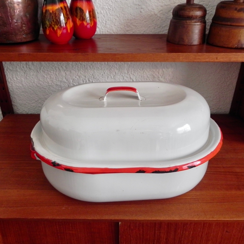 Red Rimmed Roasting Pan Distressed White Enamel Oval