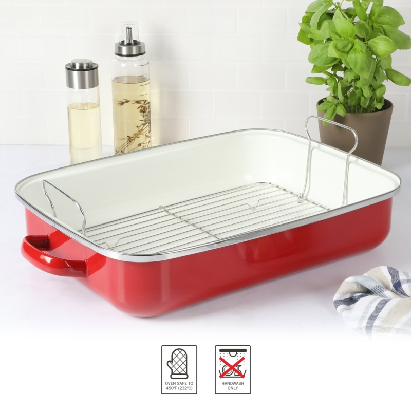 Red Roasting Pan with Stainless Steel Lifting Rack