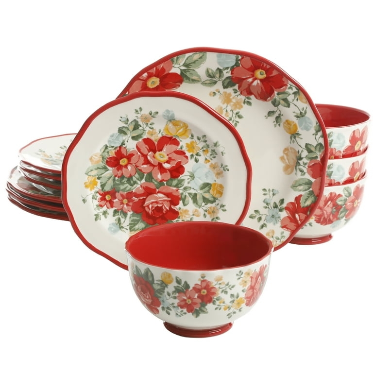 Red Scalloped Dinnerware Set with Pedestal Base & Floral Bowls