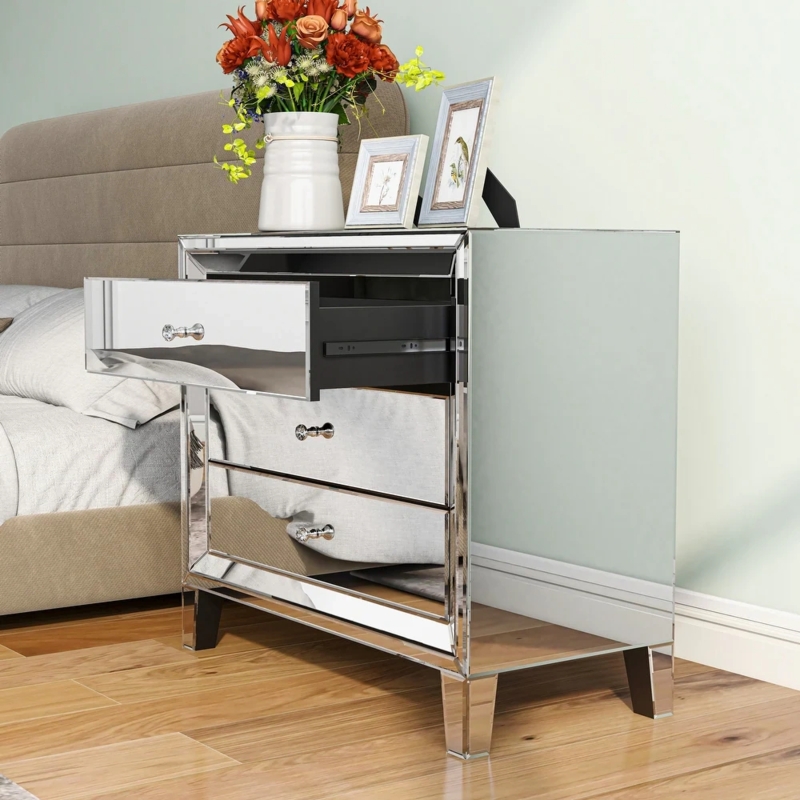 Reflective Glass Nightstand: 3 Drawers, Mirrored Tapered Legs