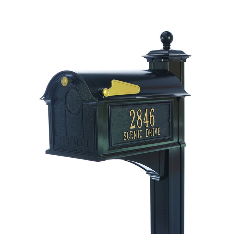 Residential Mailbox with Gold Accents and Classic Fluted Post Design