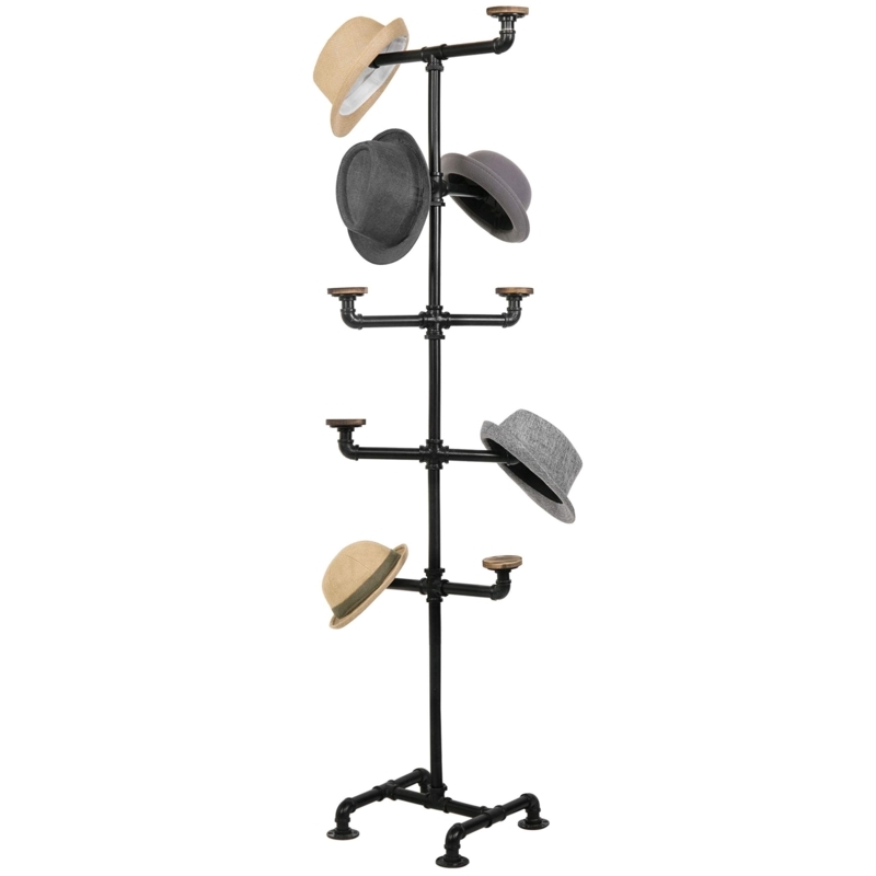 Retail Hat Organizer MyGift Industrial Hat Rack Stand - Black Metal With 10  Wood Hooks, Freestanding Coat & Hat Display Freestanding Hat Display Tree