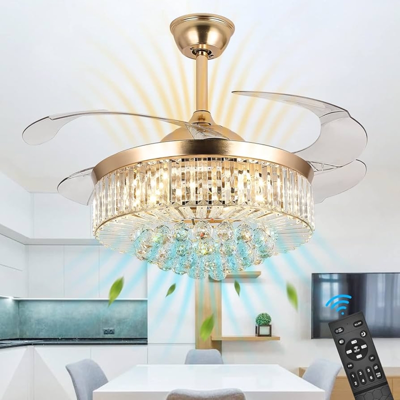 Retractable Ceiling Fan, Polished Gold, Tiered Crystal, Glam Light
