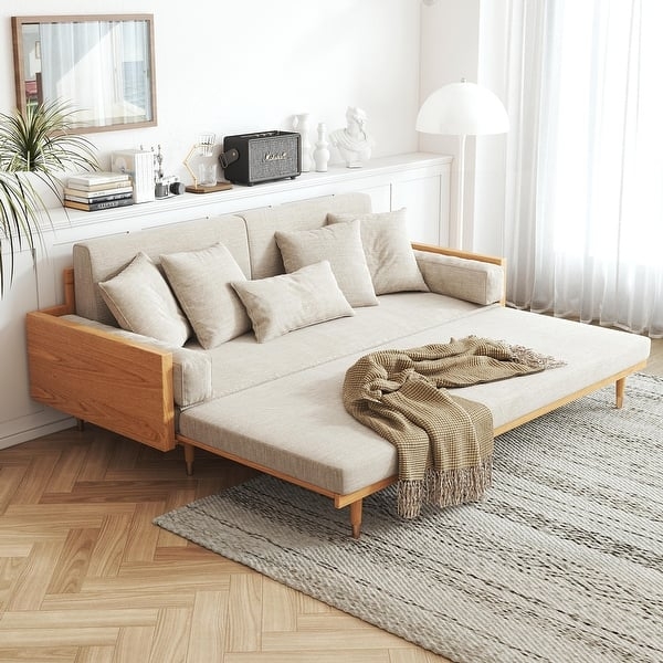 Retractable Sleeper Sofa, Solid Wood Panel Arms, Warm Beige Upholstery