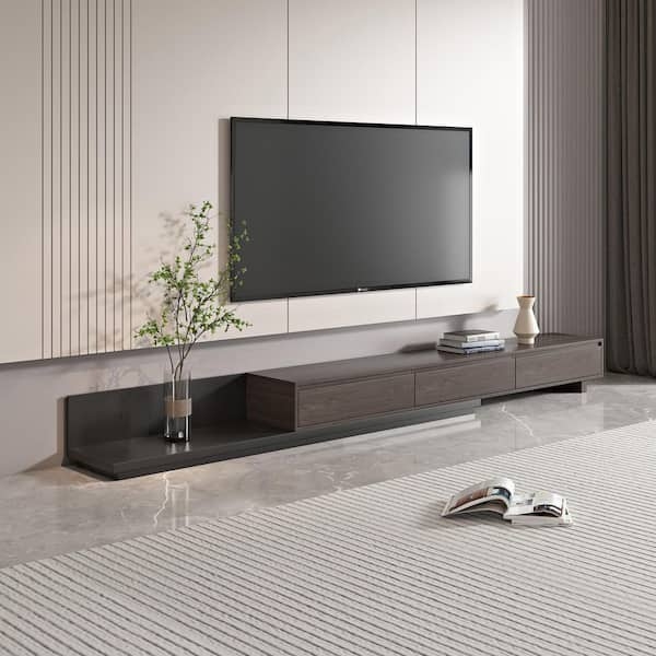 Retractable Walnut Tv Stand Low Profile with Charcoal Grey Base