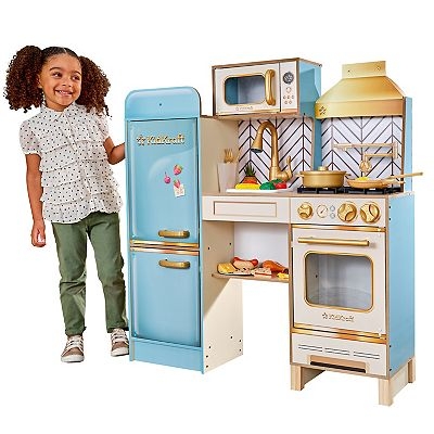 Retro Blue Play Kitchen Gold Range Hood Chevron Backsplash Toy