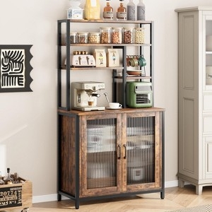 Retro Brown Bakers Rack with Fluted Glass Cabinet & Cup Hooks