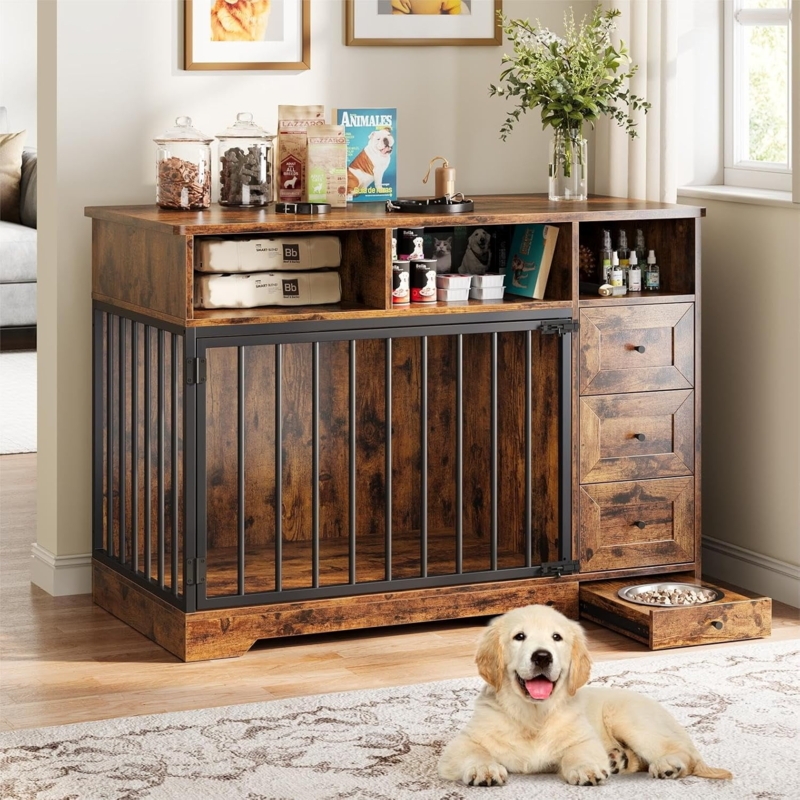 Retro Brown Dog Crate Furniture Stacked Storage Drawers Pull Out Bowl