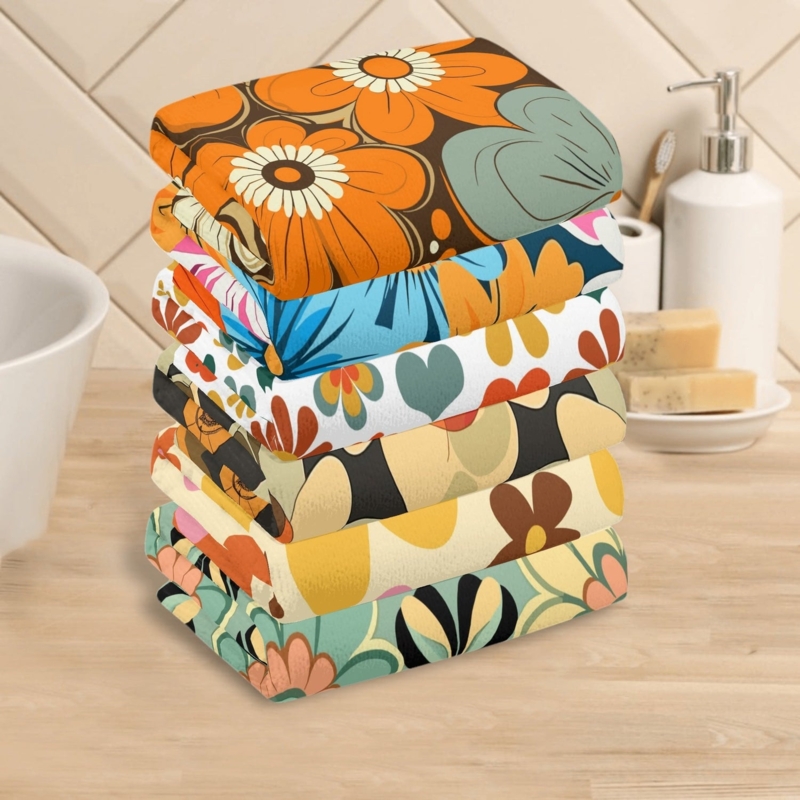 Retro Flower Power Hand Towels Set, 6pcs Groovy Floral Kitchen Towels, 70s  Boho Bath Accent, Vintage Towel Collection