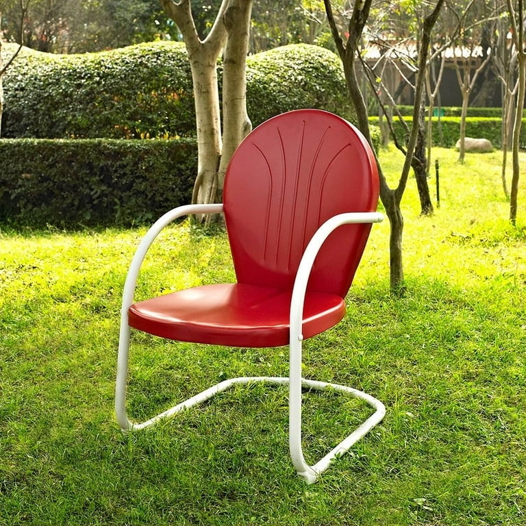 Retro Glossy Red Metal Outdoor Chair, Fan Back Design, White Sled Base