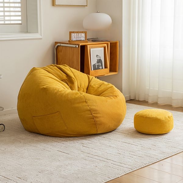 Retro Ground Orbicular Armless Bean Bag Set with Repository, Eco Friendly,  Yellow, Bean Bag Chair with Ottoman