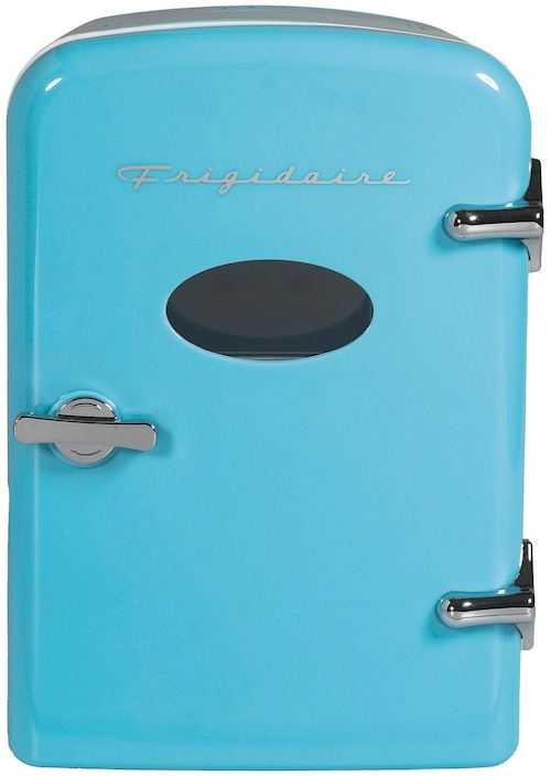 Retro Mini Fridge Sky Blue Oval Window Script Logo