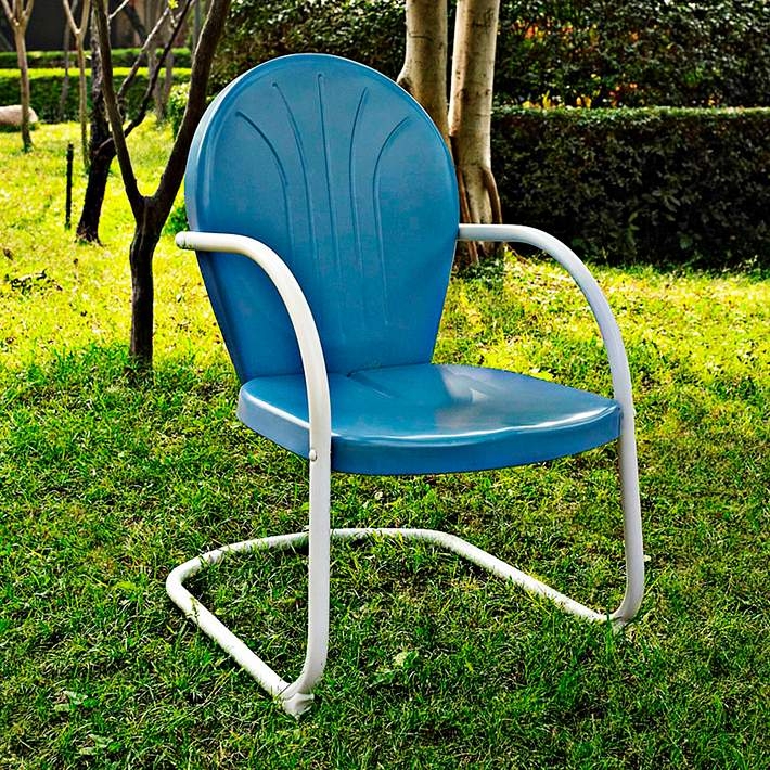 Retro Sky Blue Metal Outdoor Chair, Radial Embossed Back, Cantilever Base