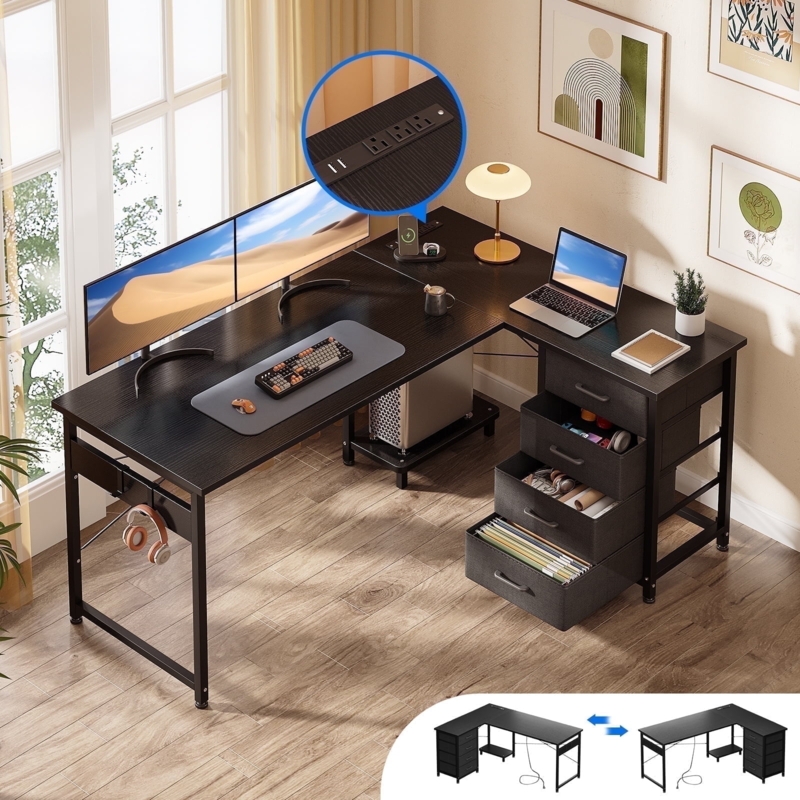 Reversible L-shaped Desk with Integrated Power Strip