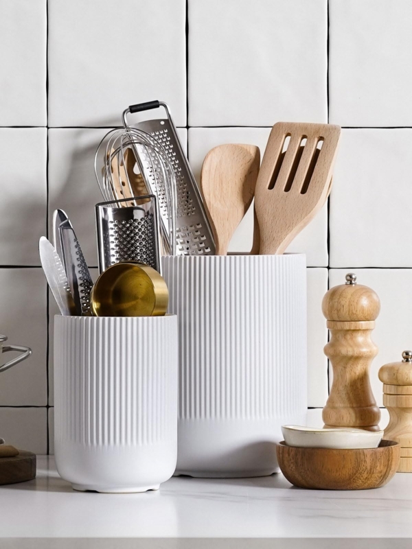 Ribbed Ceramic Utensil Holders Set of Two Matte White Finish