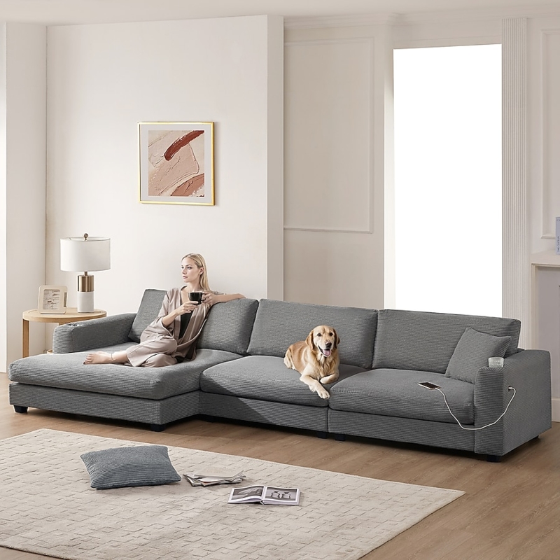 Ribbed Microfiber Sectional with Integrated USB Port and Cup Holders in Charcoal