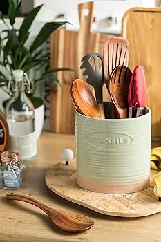 Ribbed Sage Green Ceramic Utensil Holder with Embossed Label