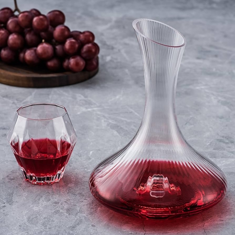 Ribbed Wine Decanter, Crystal Carafe with Vertical Stripes