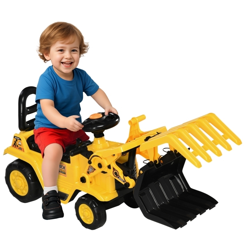 Ride-on Excavator with Overhead Rake Attachment and Front Loader Bucket