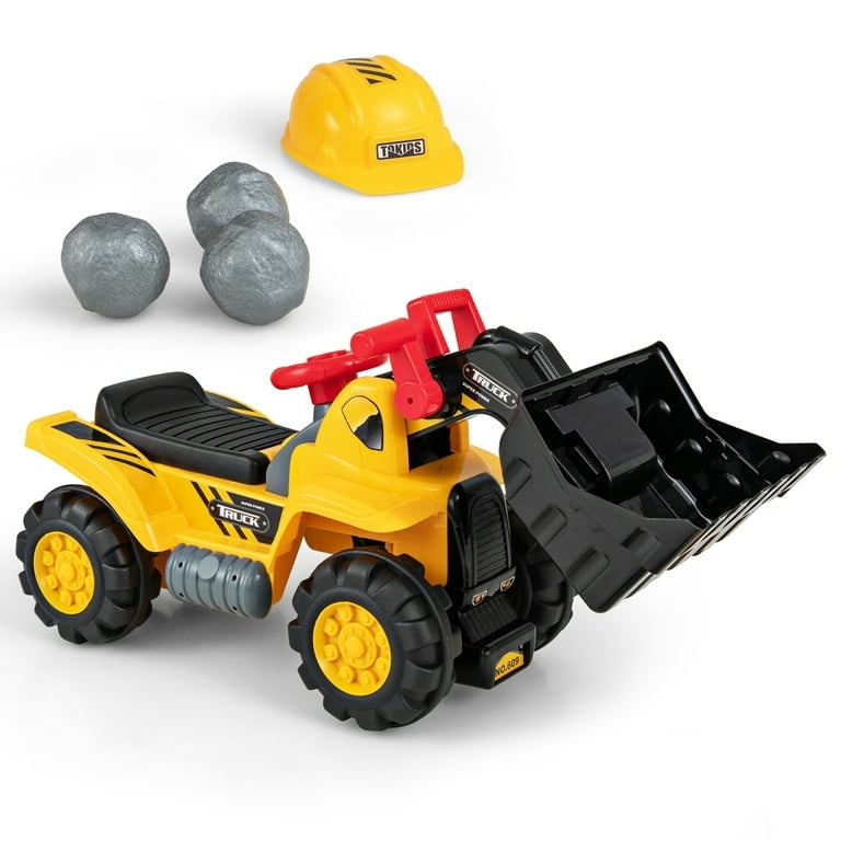 Ride-on Toy Bulldozer with Front Bucket, Safety Helmet, and Toy Stones