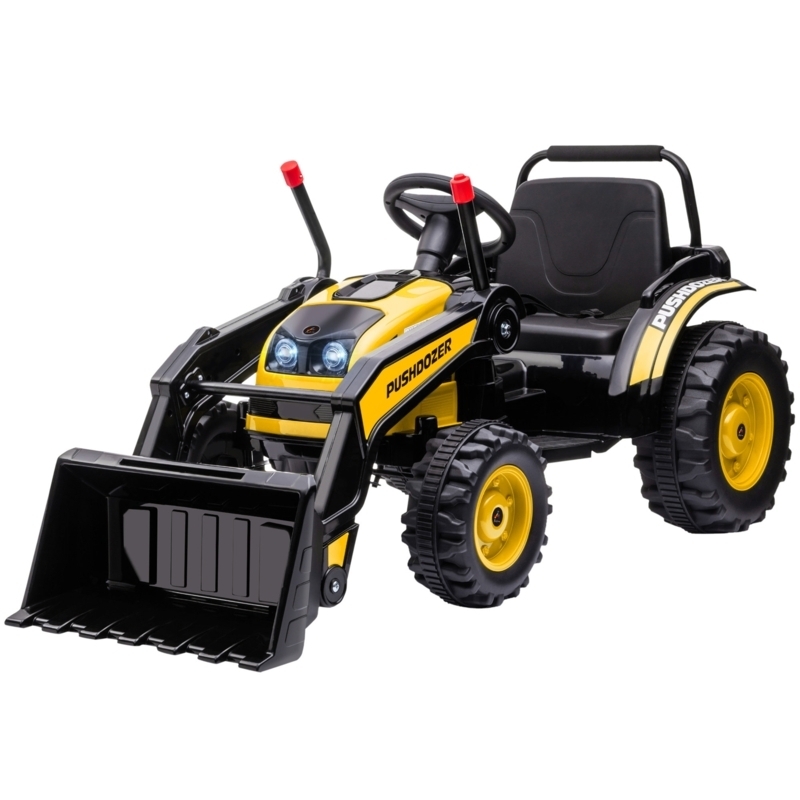 Ride-on Tractor with Front Loader Bucket, Treaded Wheels, and Red Accents