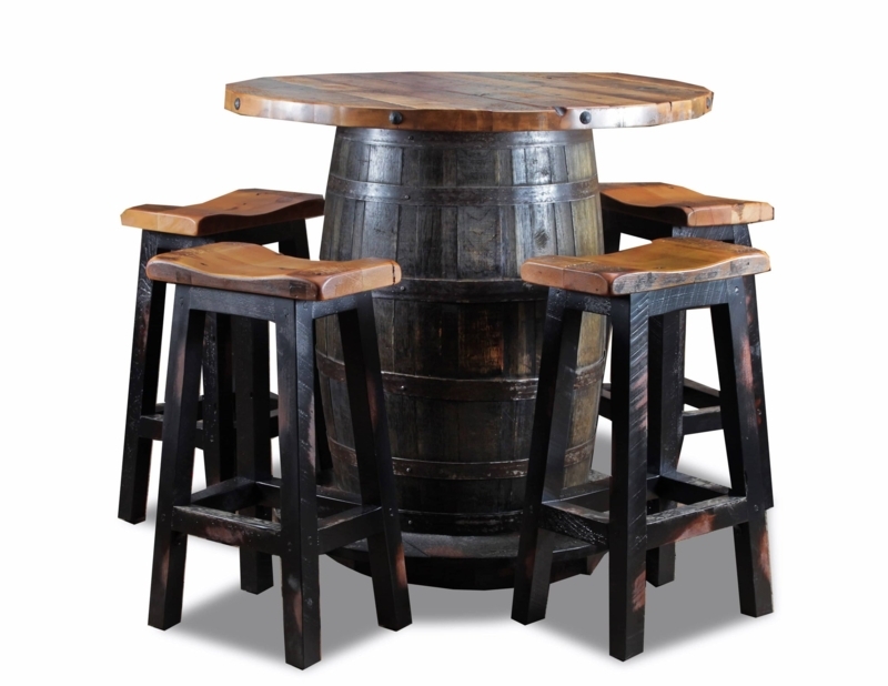 Rivet Detail Pub Table Set Whiskey Barrel Base Contoured Seats