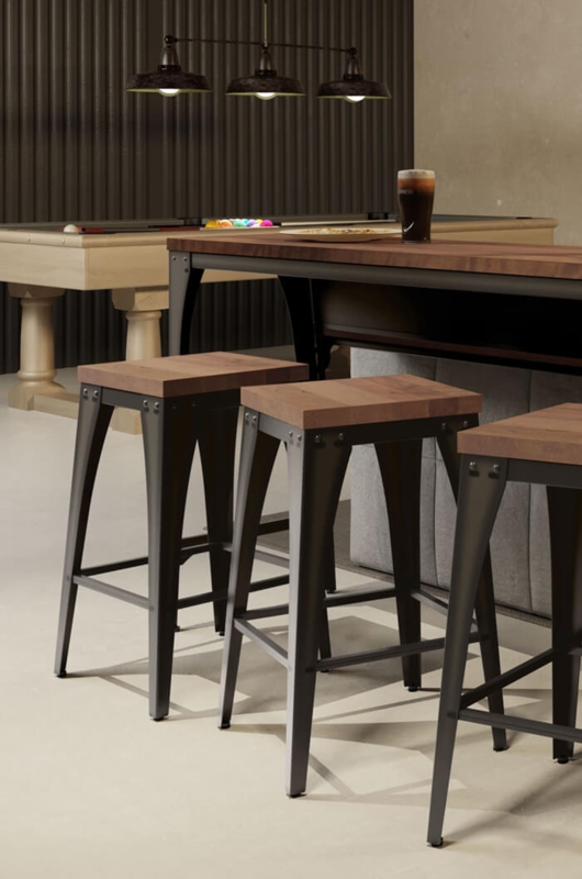 Riveted Metal Bar Stool Wood Seat Bistro Style Tapered Legs