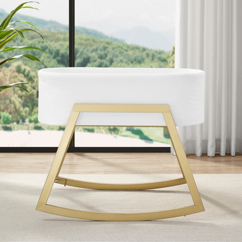 Rocking Bassinet Geometric Gold Stand Crisp White Upholstery Sleek