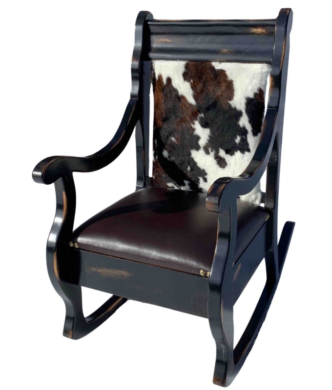 Rocking Chair Cowhide Backrest Distressed Black Frame Rustic Western