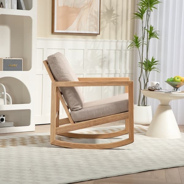 Rocking Chair featuring Geometric Wood Frame and Khaki Upholstery