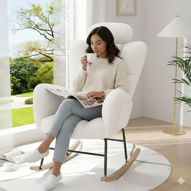 Rocking Chair in White Teddy Fabric with Integrated Headrest Pillow