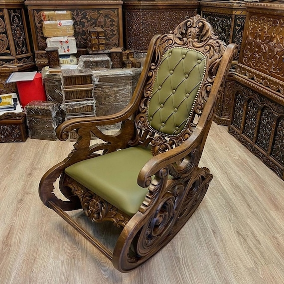 Rocking Chair, Ornate Scrollwork, Tufted Backrest, Baroque Style