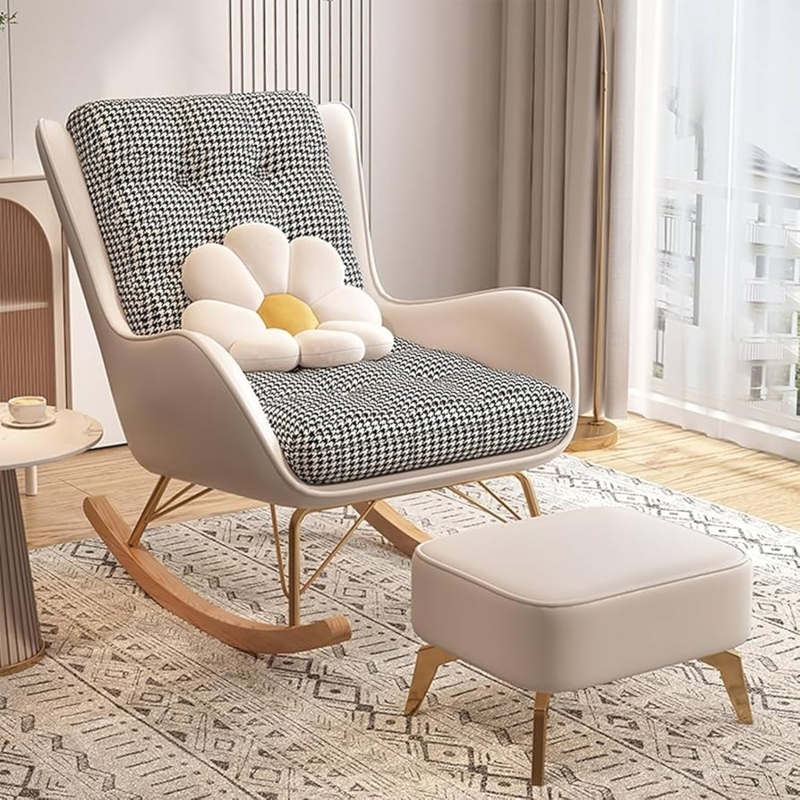 Rocking Chair Set featuring Black Houndstooth Cushions and Gold Frame