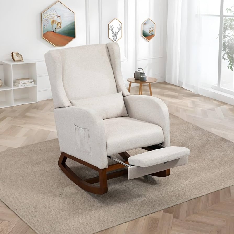 Rocking Chair with Retractable Footrest and Wingback Design in Beige