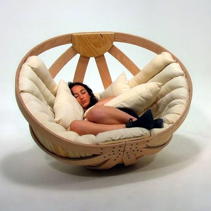 Rocking Lounge Chair, Spherical Wood Frame, Tufted Interior