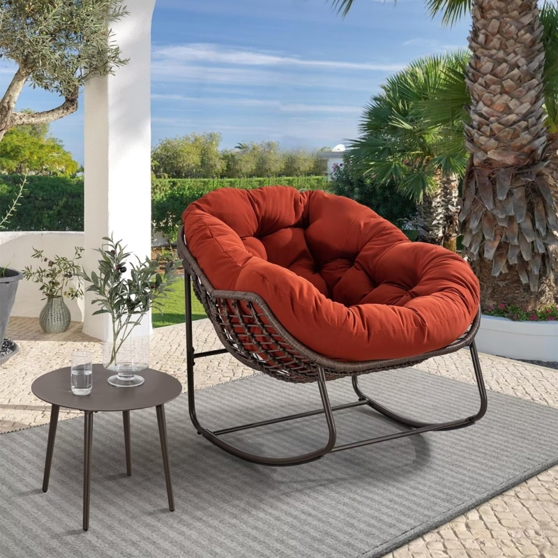 Rocking Papasan Chair, Burnt Orange Wicker, Metal Frame
