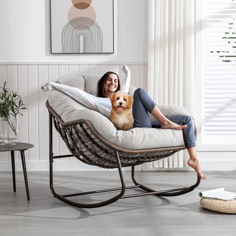 Rocking Papasan Chair, Oversized Round Cushion, Wicker Look