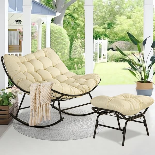 Rocking Papasan Chair, Tufted Beige Cushion, Egg Shape