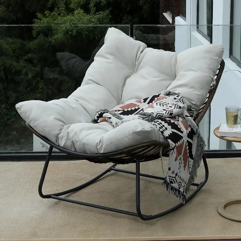 Rocking Papasan Chair, Woven Bowl Seat, Tufted Cream Fabric