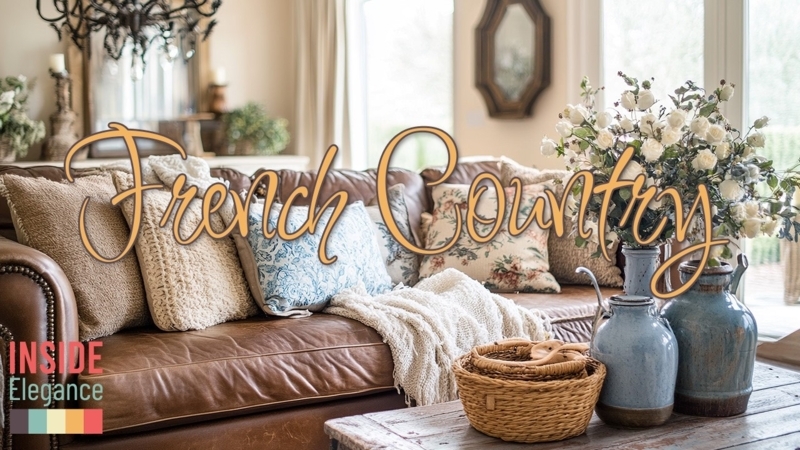 Rolled Arm Sofa: Rustic Leather Decor and Blue Toile Accent Pillows