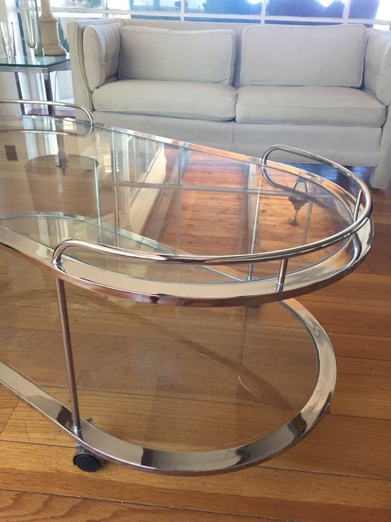 Rolling Cart Oval Glass Tiers Raised Handles Polished Chrome Casters