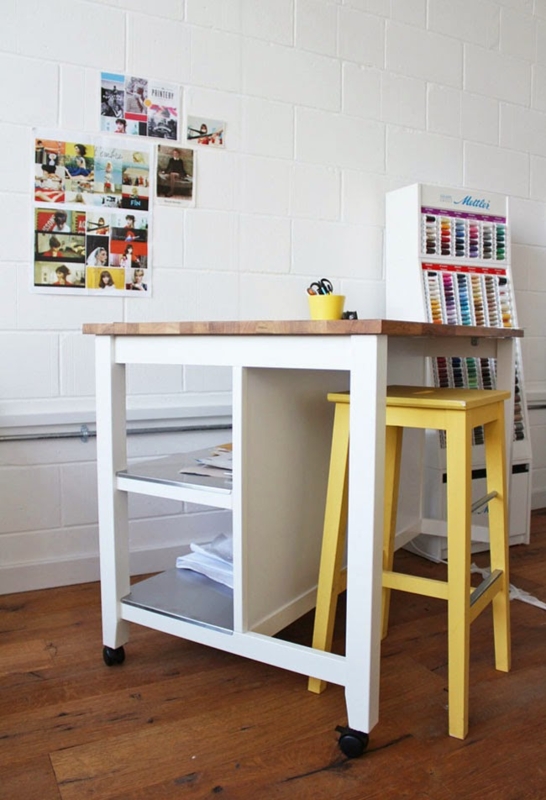 Rolling Island White Butcher Block Top Footrest Rungs Craft Table