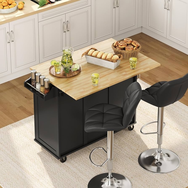 Rolling Kitchen Island Cart Matte Black Adjustable Pedestal Stools