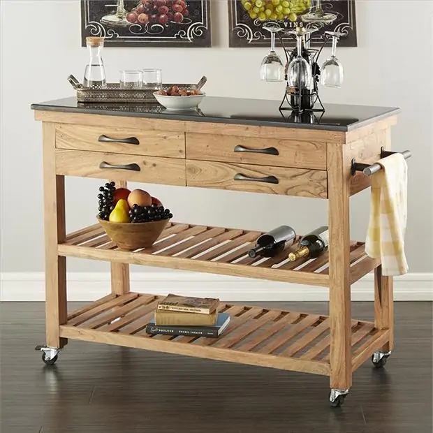 Rolling Kitchen Island featuring Polished Black Top and Slatted Shelves