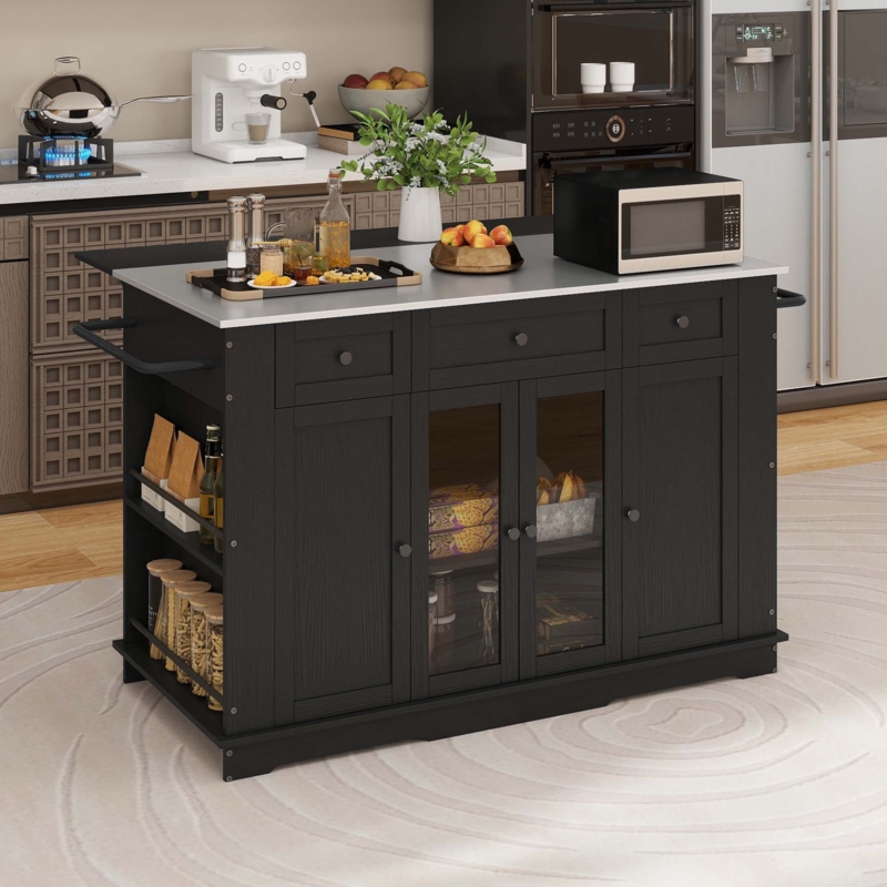 Rolling Kitchen Island Matte Black Glass Doors Stainless Top